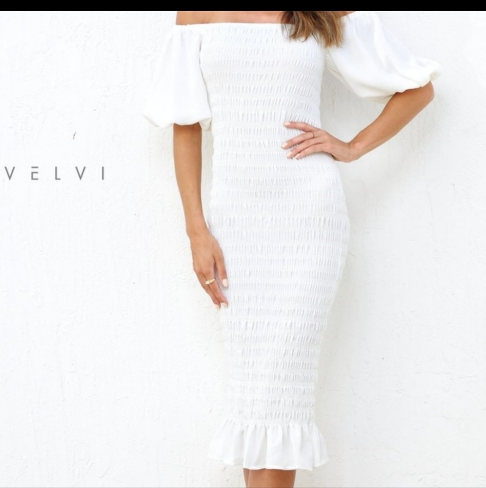 VELVI White Shirred off shoulder dress